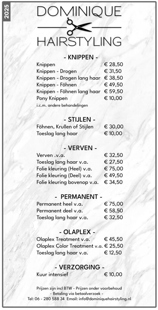 Prijslijst Dominique Hairstyling Almere - Thuiskapper